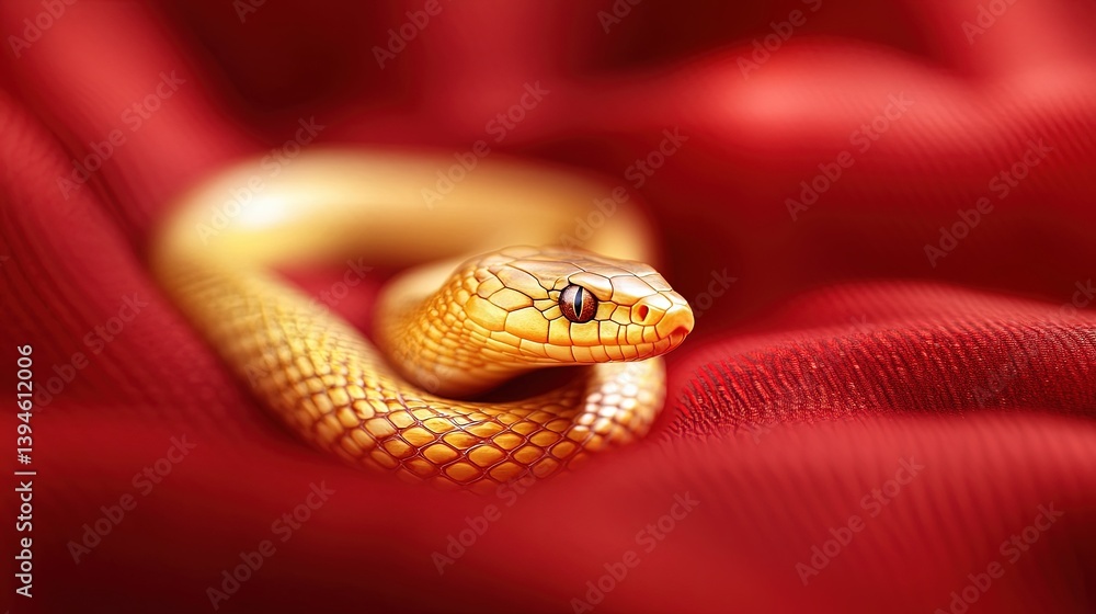 Fototapeta premium Golden snake coiled on red cloth