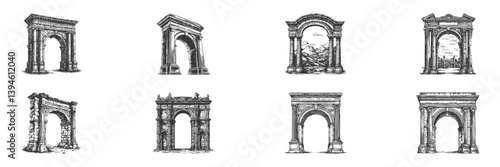 Ancient Roman Arches Illustration Set In Vintage Style. Architectural Heritage And Historical Monuments In Hand Drawn Sketch Style. Isolated Vector Illustration