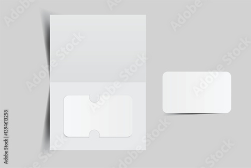 3D Realistic plastic credit card and booklet holder, open leaflet, bifold mockup isolated on background. Blank template design for online business and finance, technology payment, digital pay concept
