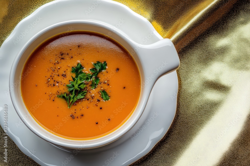 A close up image shows a bowl of orange soup A close up image shows a bowl of orange soup