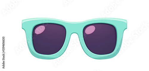 Cartoon Sunglasses, Teal Frame, Purple Lens, Transparent Background.