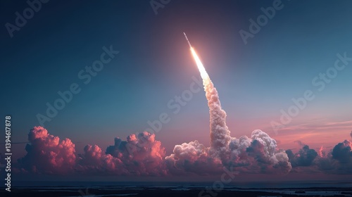 Exciting launch of a space rocket illuminating the twilight sky with a brilliant flame and billowing smoke, marking a pivotal moment in space exploration