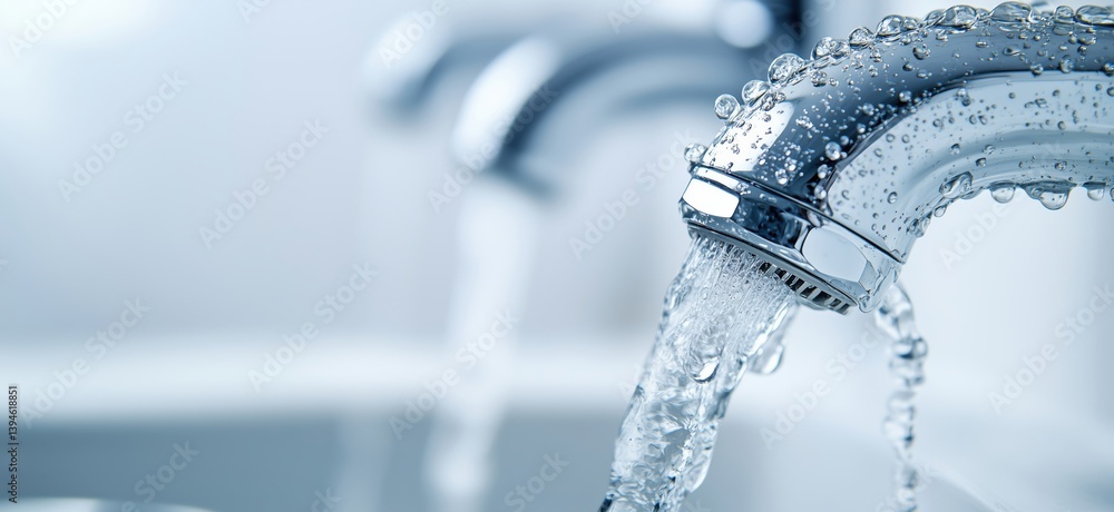 Close-up of modern chrome faucet with water flowing in bright bathroom setting Close-up of modern chrome faucet with water flowing in bright bathroom setting