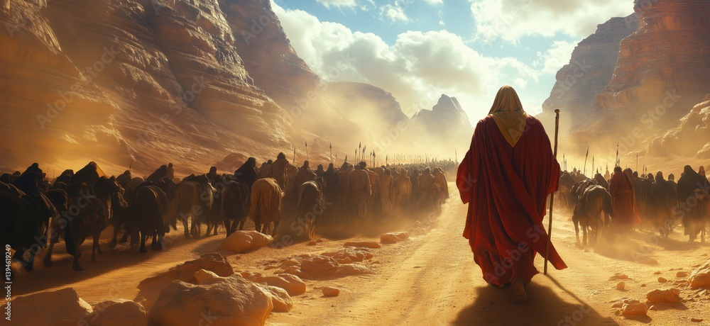 Moses leading Israelites through desert with majestic mountains in background
