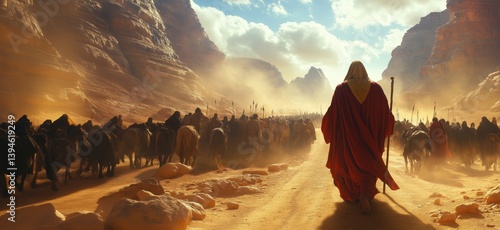 Moses leading Israelites through desert with majestic mountains in background
