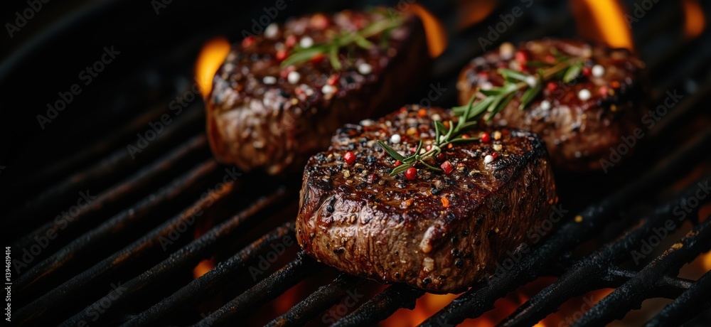 Grilled steak fillets with spices and herbs on barbecue grill Grilled steak fillets with spices and herbs on barbecue grill