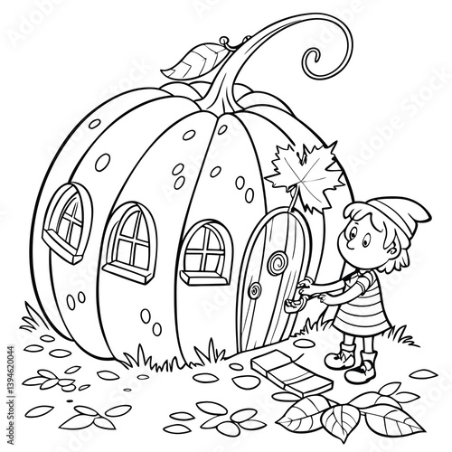 Web Pumpkin Fairy House Coloring Page: Cute Mouse Illustration