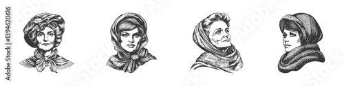 Vintage Women Portraits In Headscarves Illustration Set. Celebrating Traditional Fashion And Cultural Heritage In Hand Drawn Sketch Style. Isolated Vector Illustration