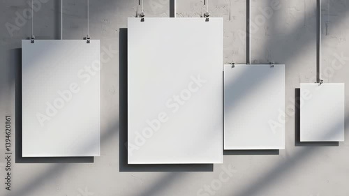 Four blank white paper posters hanging on concrete wall with shadow overlay