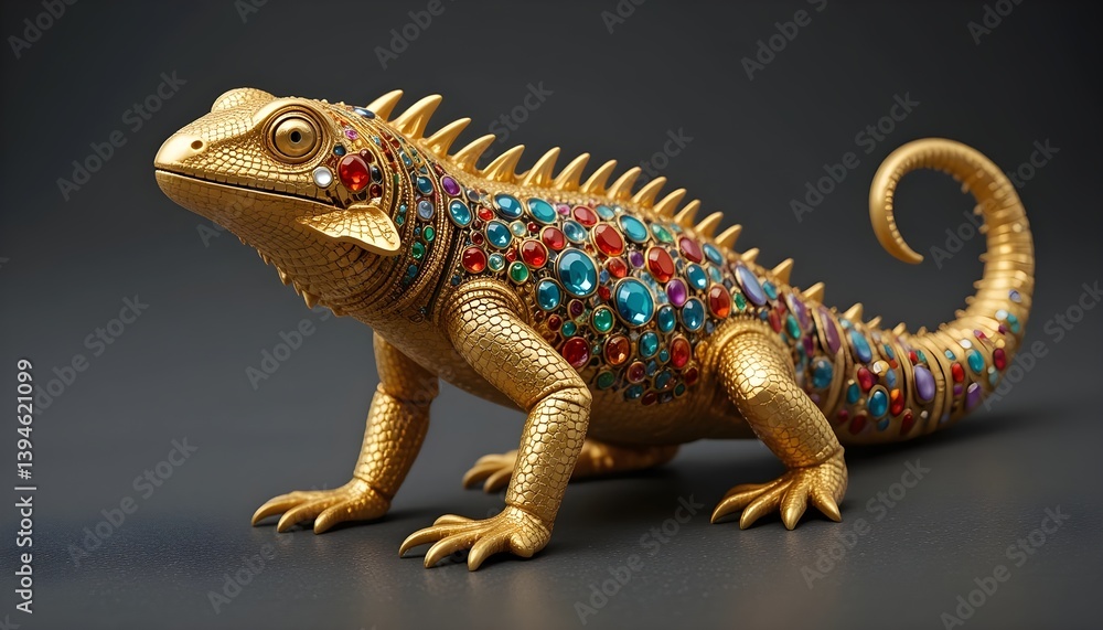 Fototapeta premium Ornate golden lizard sculpture, jewel-encrusted reptile, fantasy creature, intricate detailing, vibrant gemstones, metallic sheen, curved tail, spiky crest, red eyes, mythical beast..