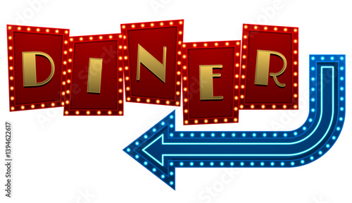 Retro diner sign with arrow and glowing lights