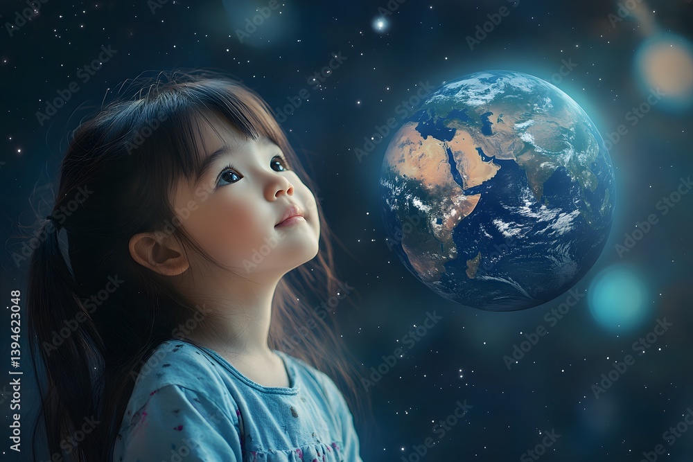 Naklejka premium Child Gazing at Glowing Earth Globe, Imagination and Curiosity about Space and the Universe