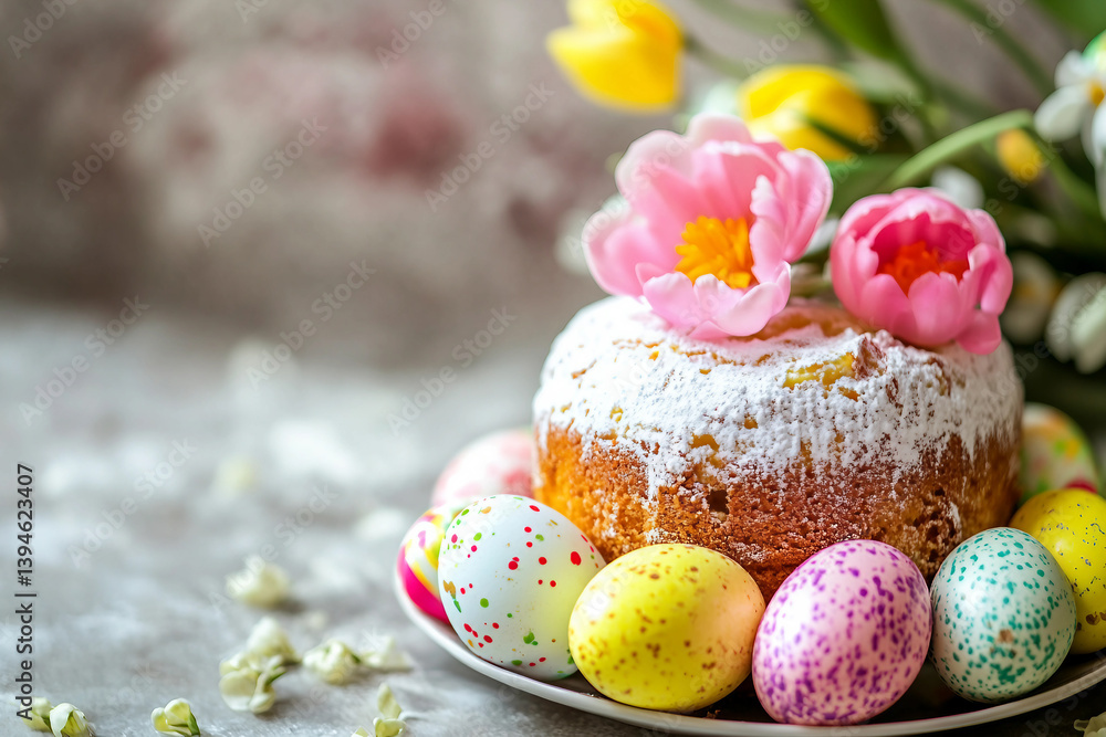 Generative AI image of traditional Easter cake with icing and floral decor surrounded by painted eggs and spring flowers in festive celebration Generative AI image of traditional Easter cake with icing and floral decor surrounded by painted eggs and spring flowers in festive celebration