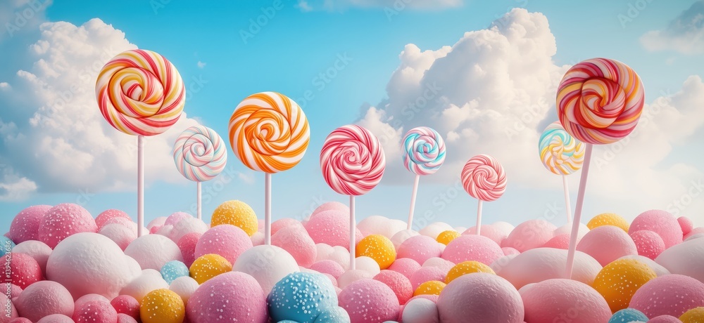 Colorful lollipops on fluffy candy landscape under blue sky with clouds