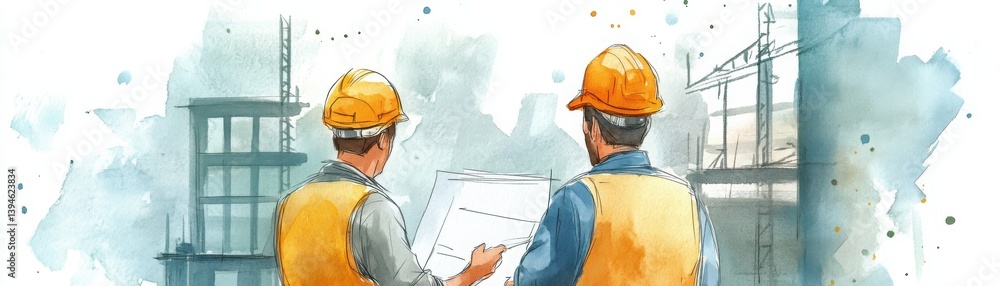 Two construction workers in hard hats review blueprints on a site, showcasing teamwork and planning in the building industry.