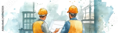 Obraz na płótnie Two construction workers in hard hats review blueprints on a site, showcasing teamwork and planning in the building industry. w salonie