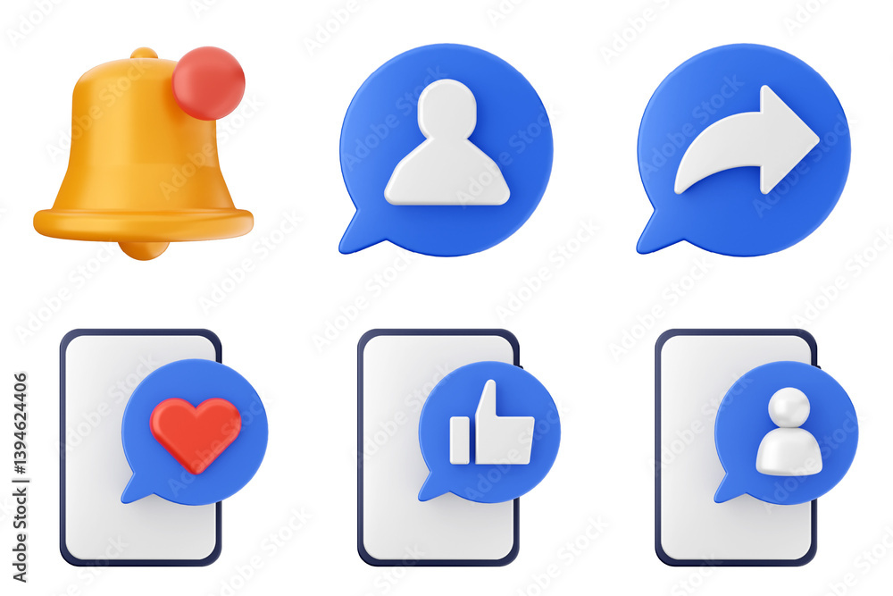 3d social media like online share follow chat comment icon set bundle