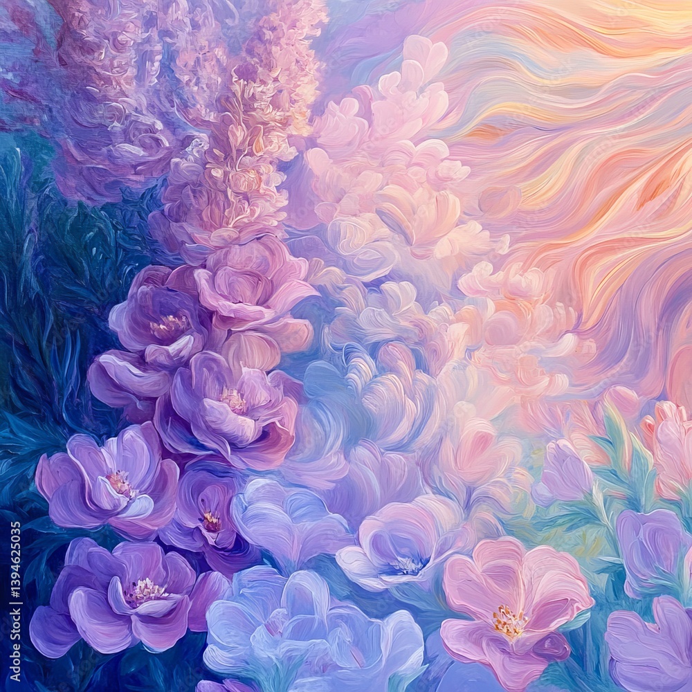 Fototapeta premium Garden of Sound: Imagine a garden where each flower represents a different sound or music note. Use soft brushstrokes to blend colors that reflect the rhythm and melody of nature, transforming the sen