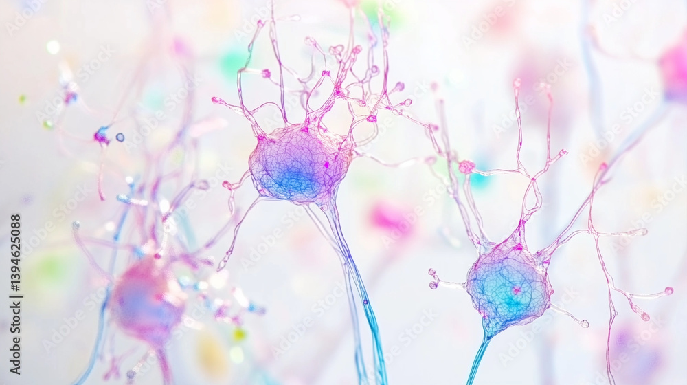 Close-up of glowing neuron synapses with vibrant neurotransmitters in microscopic brain scan, neural network and brain activity concept, neuroscience and medical research.