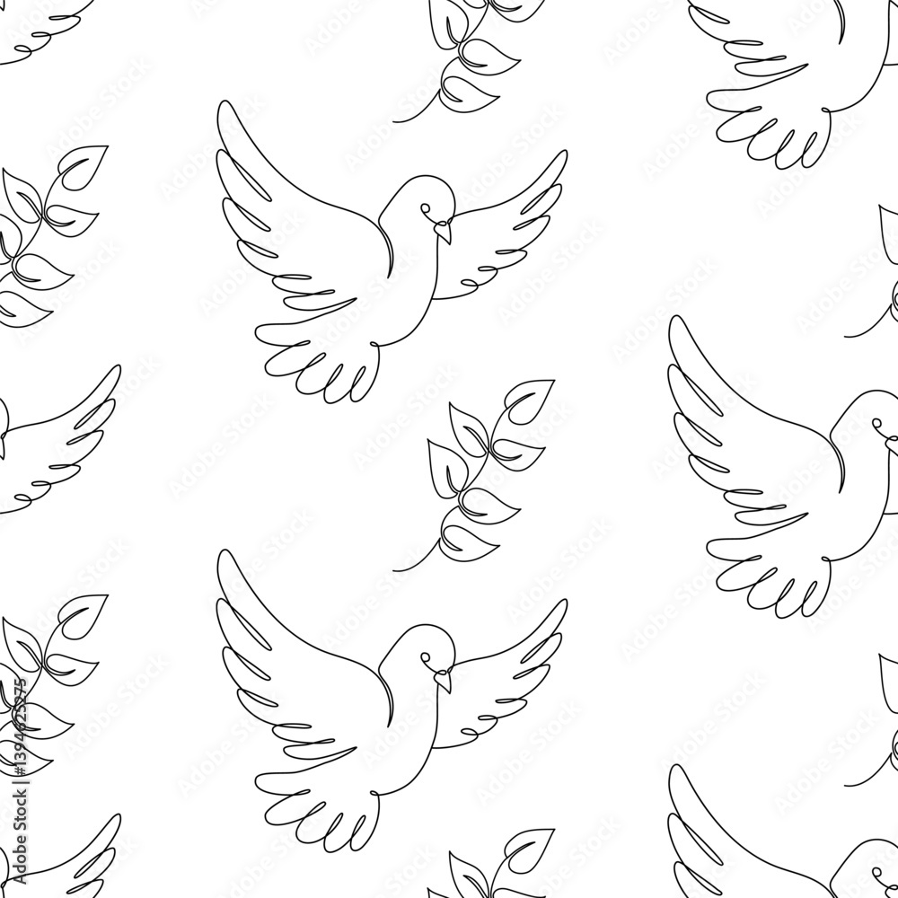 Fototapeta premium Seamless Pattern Flying Dove Bird with Branch on White Background. One Continuous Line Drawing. Vector Illustration. Simple Linear Pigeon Symbol of Peace and Freedom