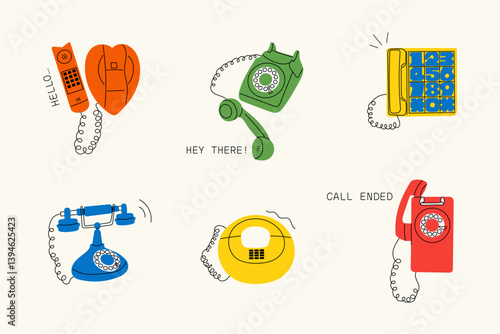 Vintage landline phones collection – colorful retro telephone set illustration for communication, nostalgia, 80s 90s tech, rotary dial, old phone design, analog device, flat cartoon style.