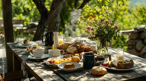 Breakfast Table: A bountiful breakfast spread awaits, laden with a delectable array of fresh baked goods, fruits, and beverages, set on a rustic wooden table.