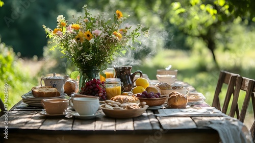 Inviting Garden Breakfast: A rustic table laden with fresh breakfast delights and vibrant flowers. Sunlight filters through the trees, illuminating a charming outdoor meal.