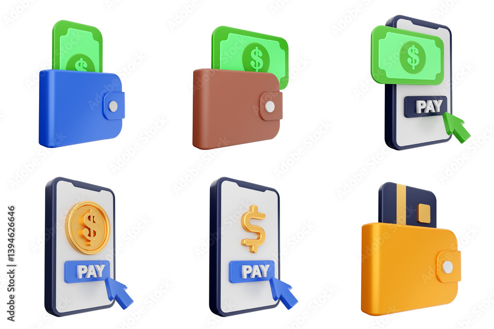 3d payment money finance transaction icon set bundle