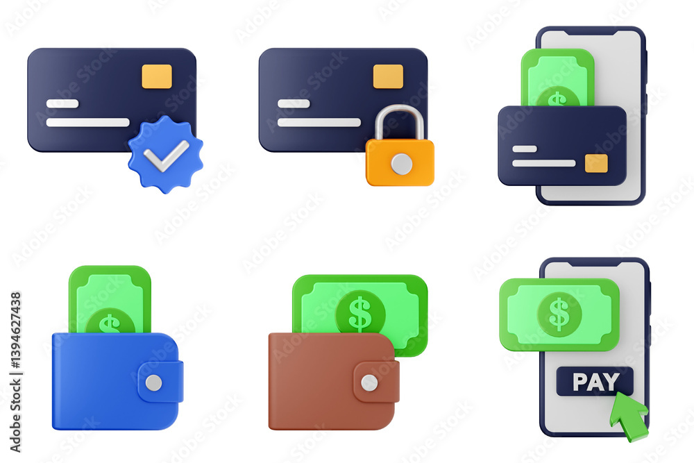 3d payment money finance transaction icon set bundle