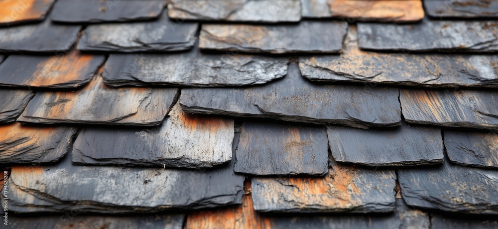 Weathered slate roof tiles showcasing texture and color variations in architectural design Weathered slate roof tiles showcasing texture and color variations in architectural design