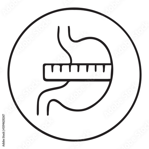 Minimal outline icon of stomach with measuring tape illustrates weight loss procedure, ideal for bariatric surgery, diet treatment, and body slimming visuals. Medical transformation concept.