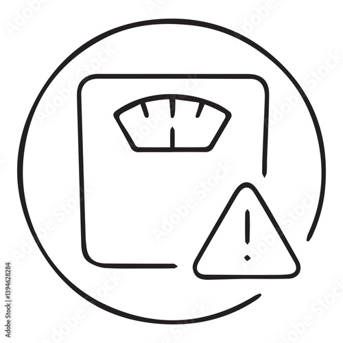 Minimalist weight scale icon with warning sign signals obesity or underweight risk, ideal for diet alerts, health visuals, and medical weight control. Body risk awareness concept