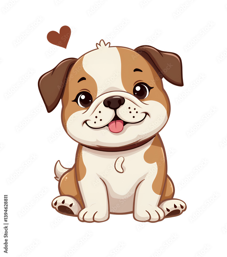 Fototapeta premium Cute Cartoon Bulldog Puppy with Heart, Brown & White, transparent background