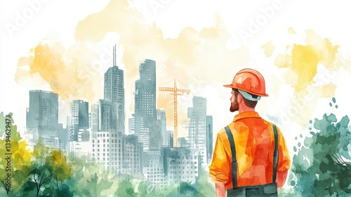 A construction worker gazes at a city skyline  surrounded by greenery  showcasing a blend of urban development and nature through watercolor art.