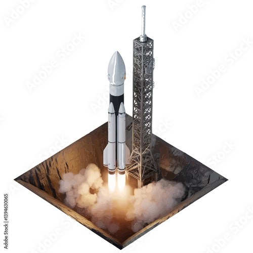 Rocket Launch and Technological Ascent: A powerful rocket bursts into the sky, its engines igniting a trail of fire and smoke, representing the dawn of space exploration and human ambition.