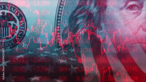 American bear stock market trading graph in red color. United States 100 dollars bill on background. Economic falling. Effect of recession and crisis on US economy. Stocks crash. Exchange loss trading