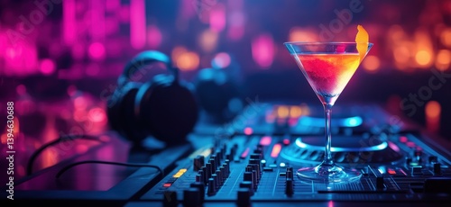 Obraz na płótnie Cocktail on DJ Mixer with Headphones in Vibrant Nightclub Atmosphere w salonie
