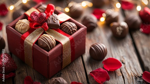Assorted Chocolates in Gift Box with Romantic Decor on Wooden Table