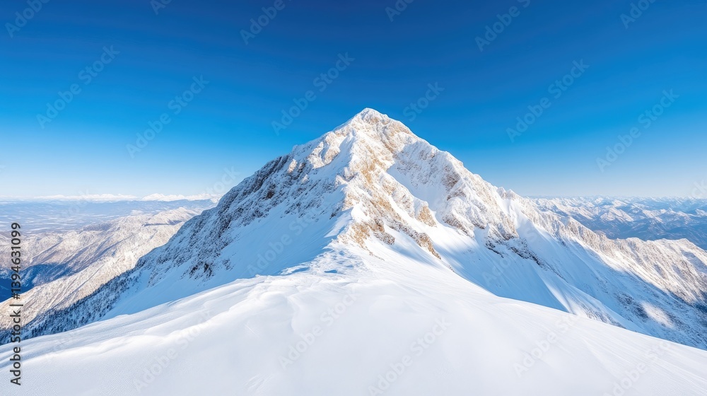 Majestic snow-covered mountain peak towering under clear blue sky, pristine winter landscape, high altitude adventure, and serene and expansive view. Majestic snow-covered mountain peak towering under clear blue sky, pristine winter landscape, high altitude adventure, and serene and expansive view.