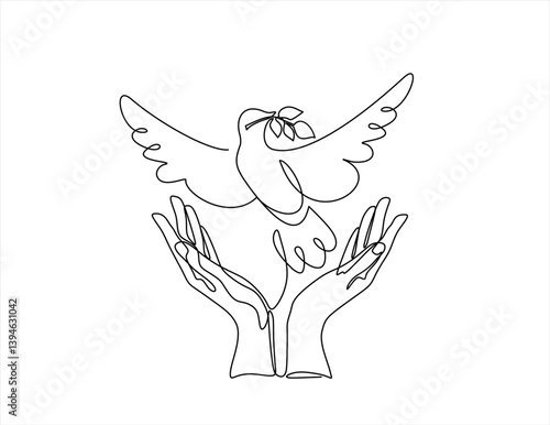Flying dove from opened hand of One continuous line drawing. Bird symbol of peace and freedom in simple linear style. Concept for wedding invitation icon. Editable stroke. Doodle vector illustration