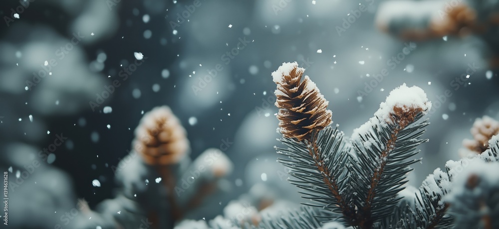 Snow-covered pine cones on branches during winter snowfall in a serene forest setting Snow-covered pine cones on branches during winter snowfall in a serene forest setting