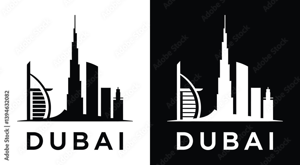 Fototapeta premium Bold Black Dubai Skyline Logo Modern City Identity for Travel and Real Estate Brands