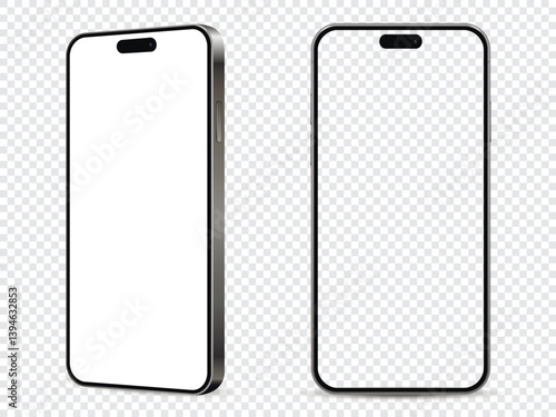 Mockup of mobile phone. Front and side view with white and empty screen on transparent background.