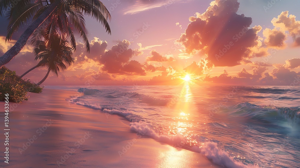 The setting sun casts a warm glow over the sandy beach and gently crashing waves. A lone palm tree stands on the shore.