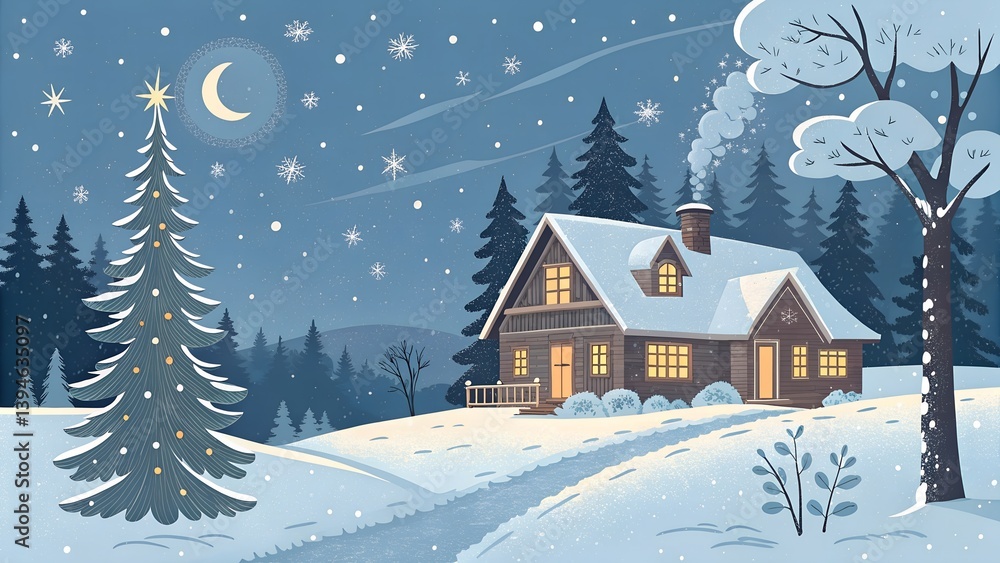 Naklejka premium Snowy christmas eve with quaint cottage and tree. Stardrift. Illustration