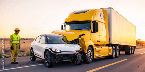 Broken car, scene wreck, front rig heavy dents. Tow big crash, first local tir route. Haul drive risk, rural road jam end. Large semi truck rear gear site, safety aid driver claim, long cargo repair