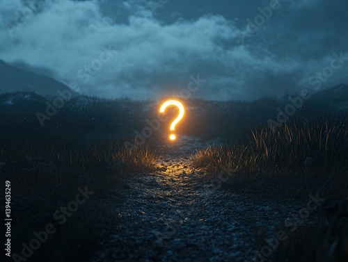 Glowing question mark in landscape