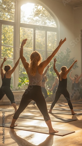 72. A yoga class with people stretching in a bright studio