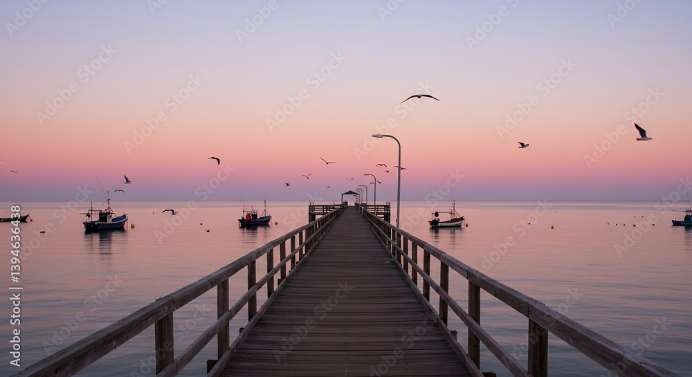 Fototapeta premium Serene Sunrise Pier Fishing Boats Calm Ocean Seagulls