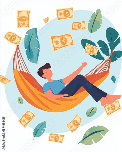 vector illustration of a relaxed person on a hammock with floating dollar